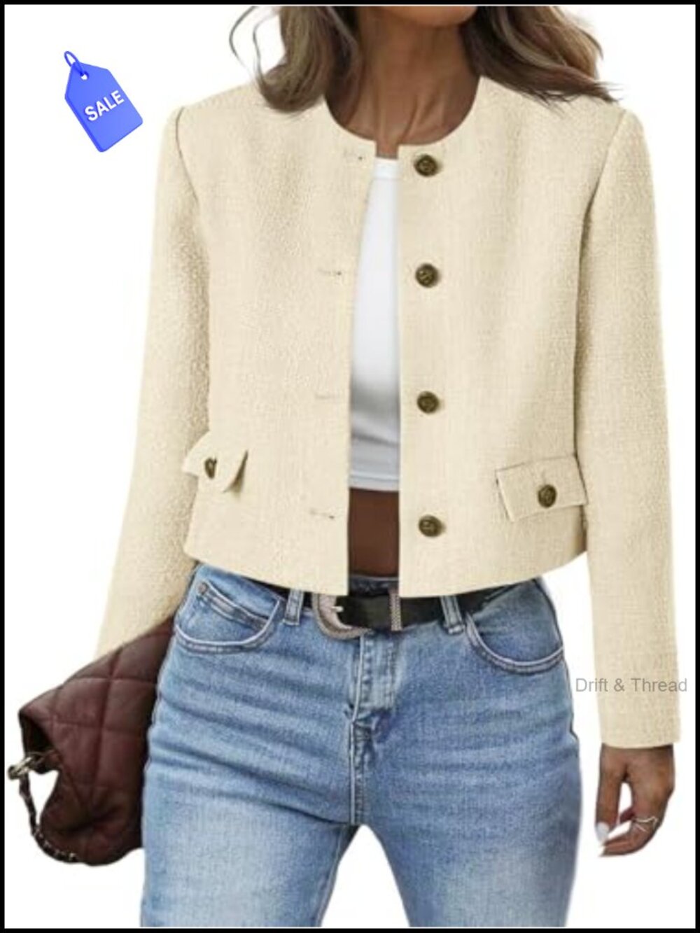 Cropped Tweed Blazer Collarless Button Down Bomber Jacket